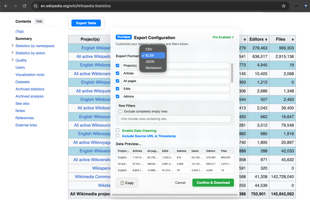ProTable Data Preview