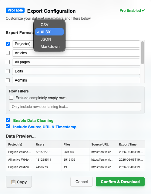 ProTable Export Configuration